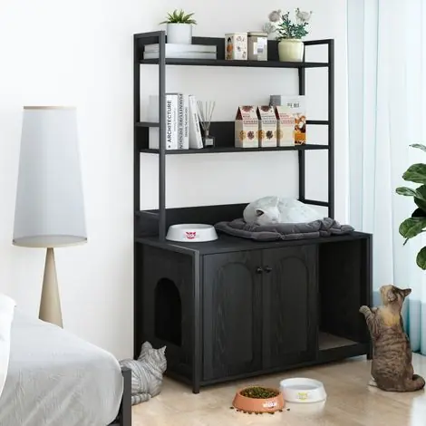 Meuble litière chat avec rangement 3 niveaux et 2 portes, contrôle des odeurs, structure métal et bois noir | Tendance