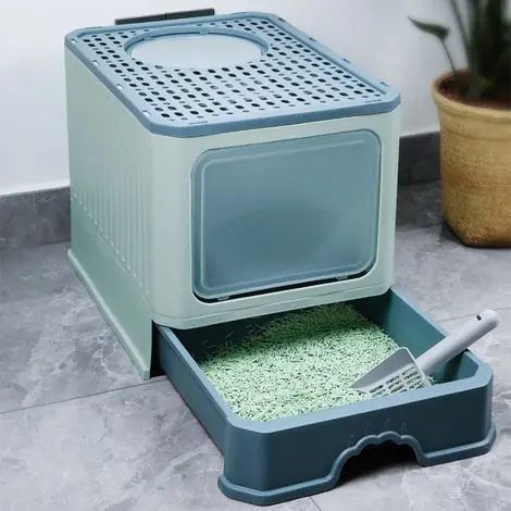 Derniers jours | Maison de Toilette pour Chat, Bac à litière pliable pour chat, Bac à Litière Fermé avec bacs amovibles, avec Pelle à Litière, Vert