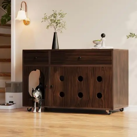 Meuble Litière pour Chat 100x45x66cm Maison de Toilette avec Tiroirs et Tapis Anti-Sable Bois Moderne Noyer - Offre limitée