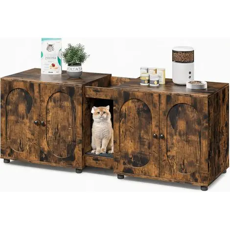 Meuble cache-litière double 140 cm pour 2 chats - Portes effet rotin - Ventilé, facile à nettoyer - Rangement intégré + tapis, marron rétro, sans vigne - Prix usine