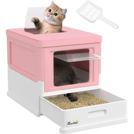 Achetez dès maintenant | Maison de toilette pour chat pliable double porte battante et supérieure pelle fourni 47,5 x 35,5 x 36,7 cm rose