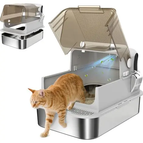 Bac à litière XXL en inox couvercle ouverture 90° double porte 70x50x46,5 cm gris toilettes pour chat grande capacité anti odeur hygiénique - Coup de cœur des clients