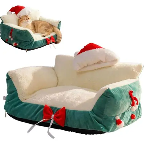 604030cm Lit pour Chat,Lits Chats D‘IntéRieur,Canapé De NoëL Fauteuil Inclinable NoëL avec Bonnet PèRe NoëL,Peluche Festive Et Confortable,Dessous AntidéRapant Lavable,pour Chiots Chatons(Vert) | Commandez dès maintenant