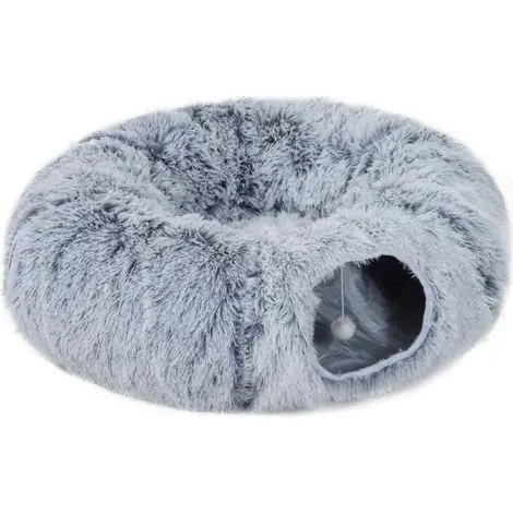 Prêt à expédier - Tunnel pour chat - Gris clair - Peluche douce - Coton PP - 90x80x27 cm - Poids 1 kg - Design 3-en-1