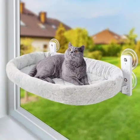 Hamac pour chat à fixer sur vitre avec ventouses puissantes – Panier suspendu pliable 52 x 30 cm, tapis réversible gris, charge max 15 kg | Nouveau chez nous
