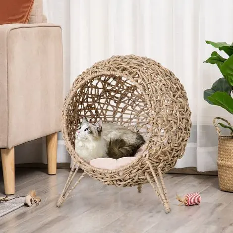 Panier chat lit surélevé cosy niche grotte, Ø52x58H cm, coussin moelleux résine tressée rotin beige, confortable et douillet | Offre spéciale