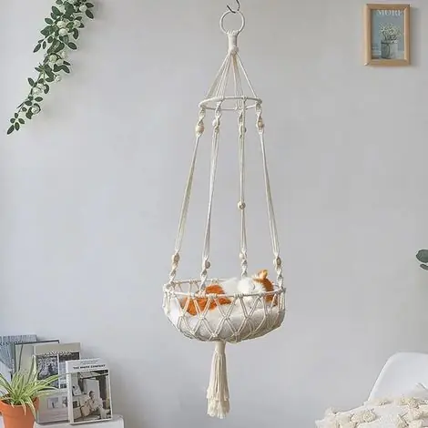 Prêt à expédier | Hamac suspendu en macramé pour chat, lit balançoire pour animaux de compagnie, style bohème (diamètre 30 cm)
