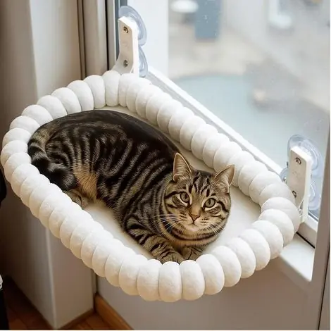 1 Hamac Chat Fenetre, Cadre Acier, 4 Ventouses, Support 18kg, Pliable, Pour Sieste | Prêt à expédier