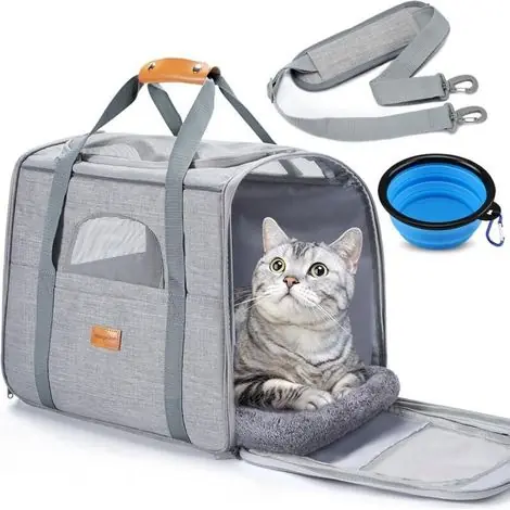 Sac Transport Chat, Sac Transport Chien Respirant et Pliable, Caisse de Transport Chat avec Bandoulière Réglable, Cage Transport Chat avec Matelas en Peluche Amovible+Bol - Nouveau