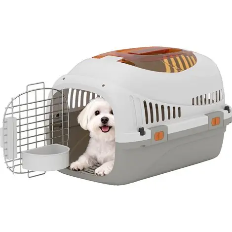 Cage en plastique gris clair 4 kg pour chat et chien avec fenêtre, gamelle et porte en acier, design sobre pour transport pratique et sécurisé - Prix avantageux