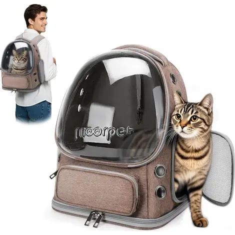 Nouveau lancement | 1 - Sac à Dos Chat - Transporteur Pliable - Fenêtre à Bulles Respirante - Pour Chats et Petits Chiens Jusqu‘à 7,5 KG - Voyage et Camping - Marron Kaki - 34x27x42cm