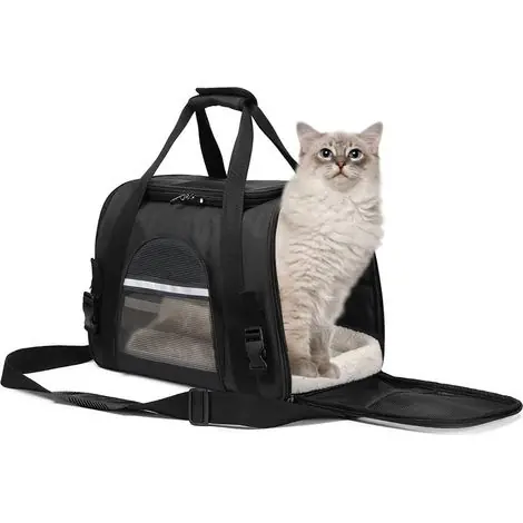 Produit phare - Sac de transport pour animaux de compagnie avec aération en filet - Bandoulière réglable et fond rembourré, 43 x 25 x 28 cm, gris/noir