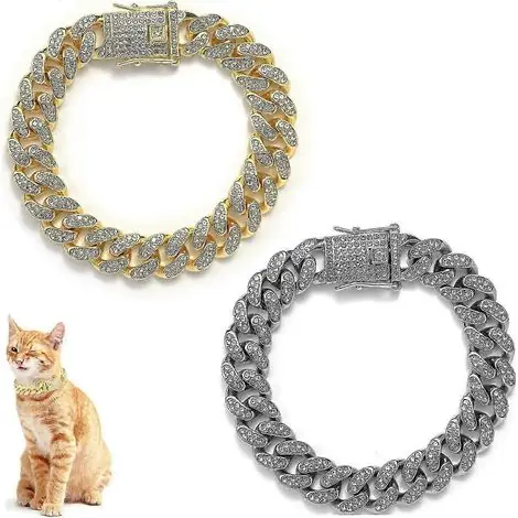 Collier pour chat à maillons cubains en diamant (lot de 2) avec boucle sécurisée, bijoux pour chaton avec chaîne en métal et strass. - Prix usine