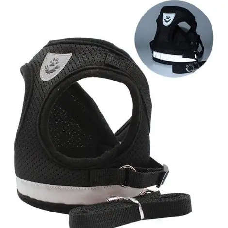 Harnais réglable pour chat avec laisse 1,5 m - Harnais réfléchissant - Facile à enfiler - Laisse incluse - Noir - Promenade et sécurité du chat | Promotion