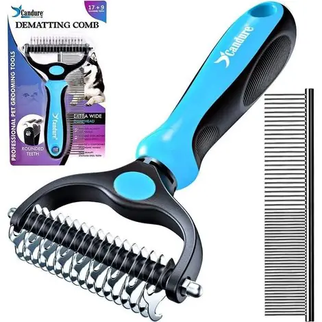 Dépêchez-vous - 1 - Brosse Chien - Râteau Toilettage - Dents Double Face 17&439 - Élimine Nœuds Et Sous-Poil - Pour Chiens Et Chats Poils Longs - Azul