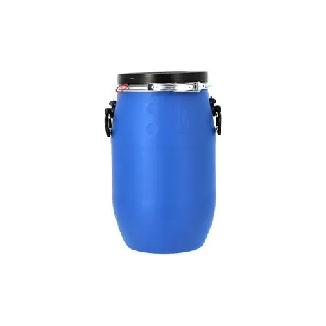 Disponible | Poulailler Direct – Bidon plastique 30L pour stockage alimentaire – PEHD opaque – Étanche et résistant aux nuisibles – Couvercle avec cerclage en métal