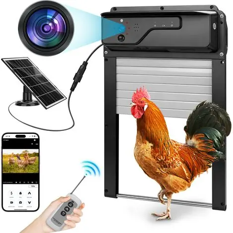 Expédition immédiate | Porte de Poulailler Avec Wi-Fi 1080P Caméra Contrôle D‘application, Batterie 5000mAh, Anti-Pincement, Ouvre-Porte Trappe à Énergie Solaire, Limite De Poids Moins De 7kg, Aluminium
